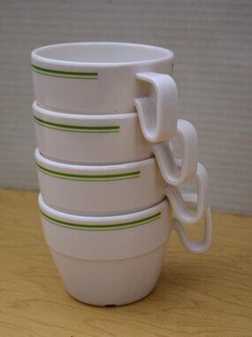 Set of 4 vintage Coleman Melamine Coffee Tea Cups with Green Stripe